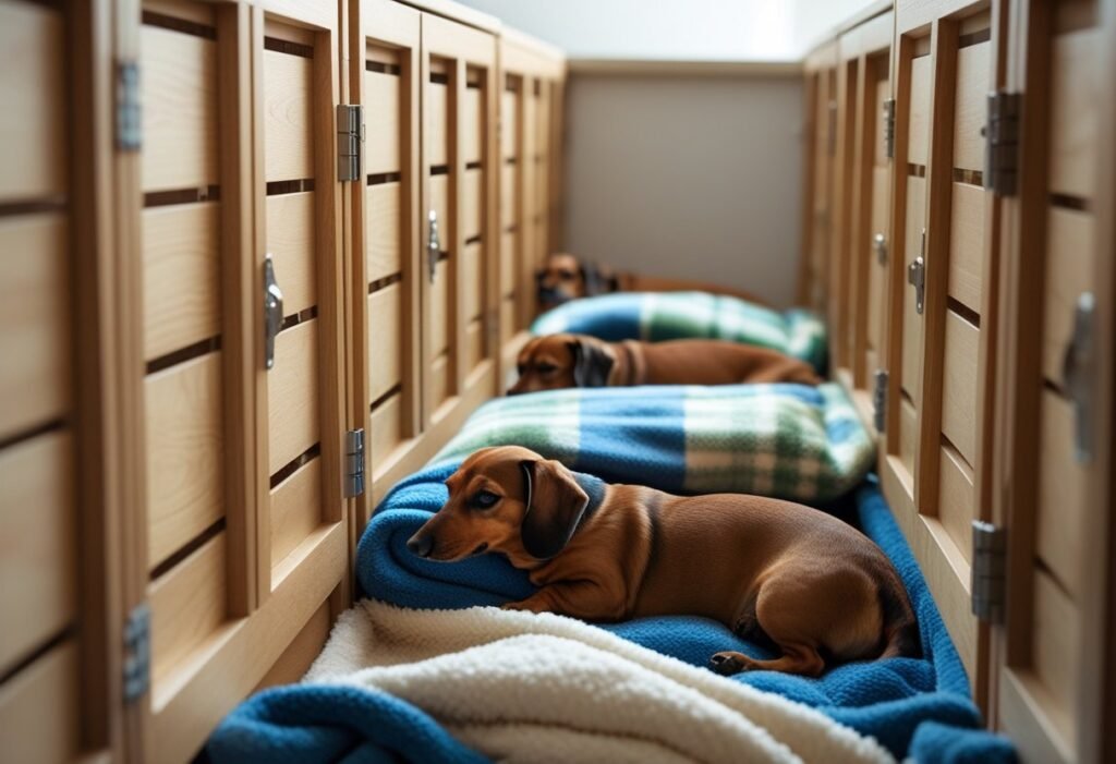 Open cozy crates with blankets as dachshunds rest quietly—relax routine for owning multiple dachshunds.