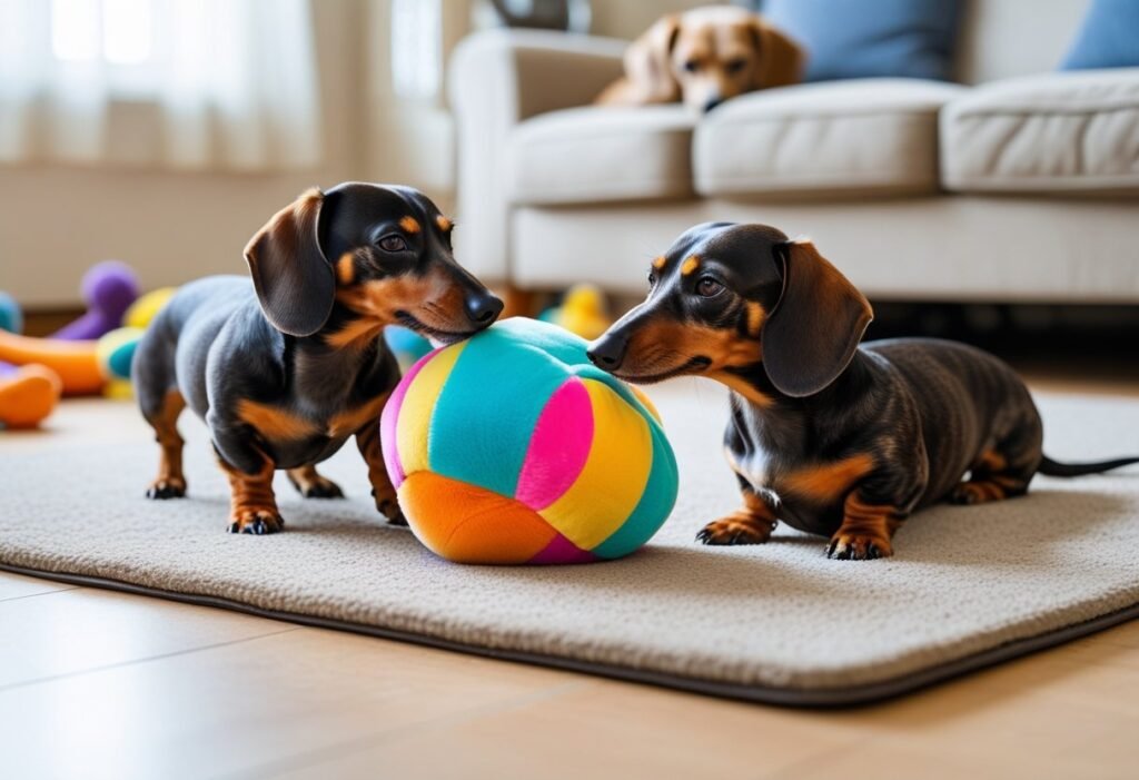 Supervised toy time as two share a plush and one rests—fair play for owning multiple dachshunds.