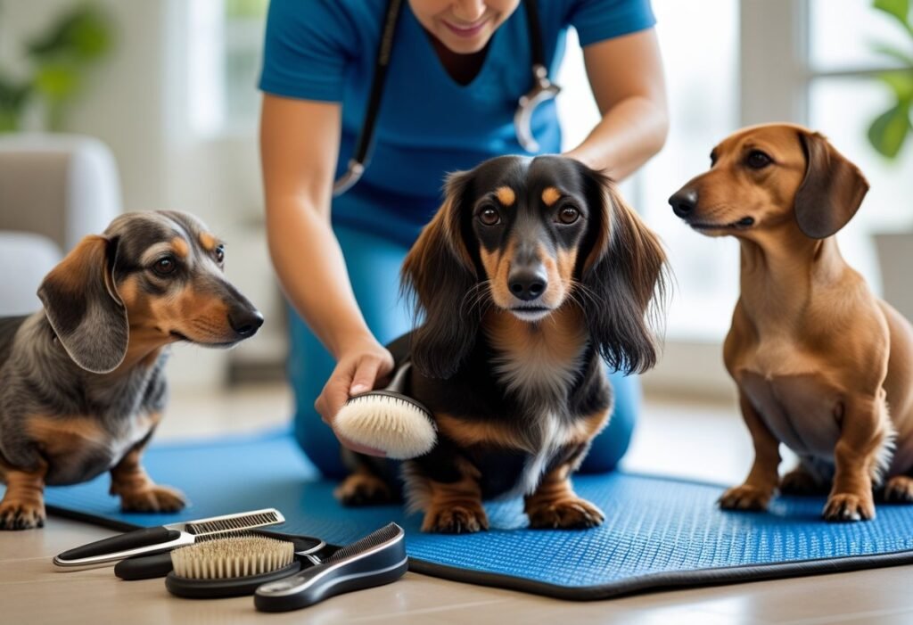Owner brushing a long-haired dachshund while another waits—grooming rotation for owning multiple dachshunds.