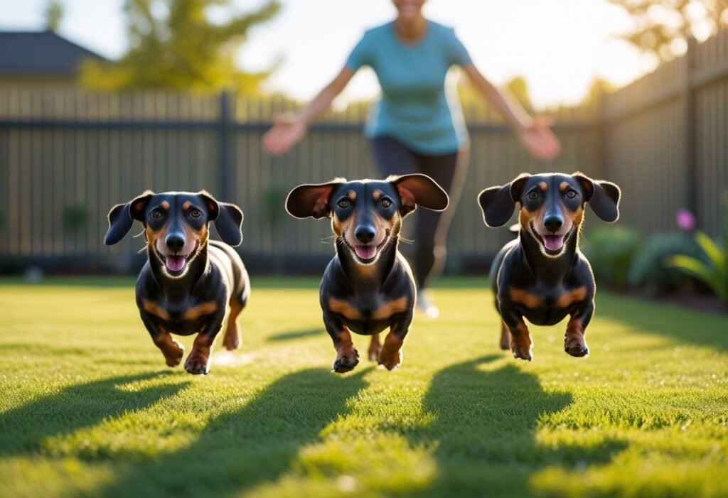 Three dachshunds running to their owner in a fenced yard—recall practice for owning multiple dachshunds.