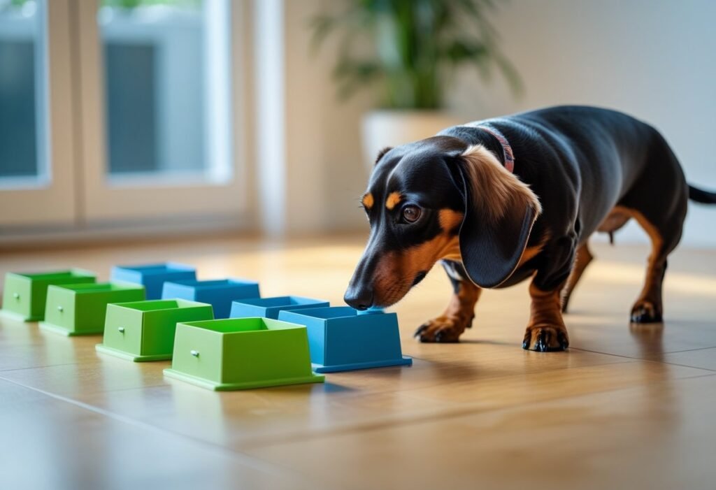 Dachshund sniffing scent training boxes indoors during scent work practice.