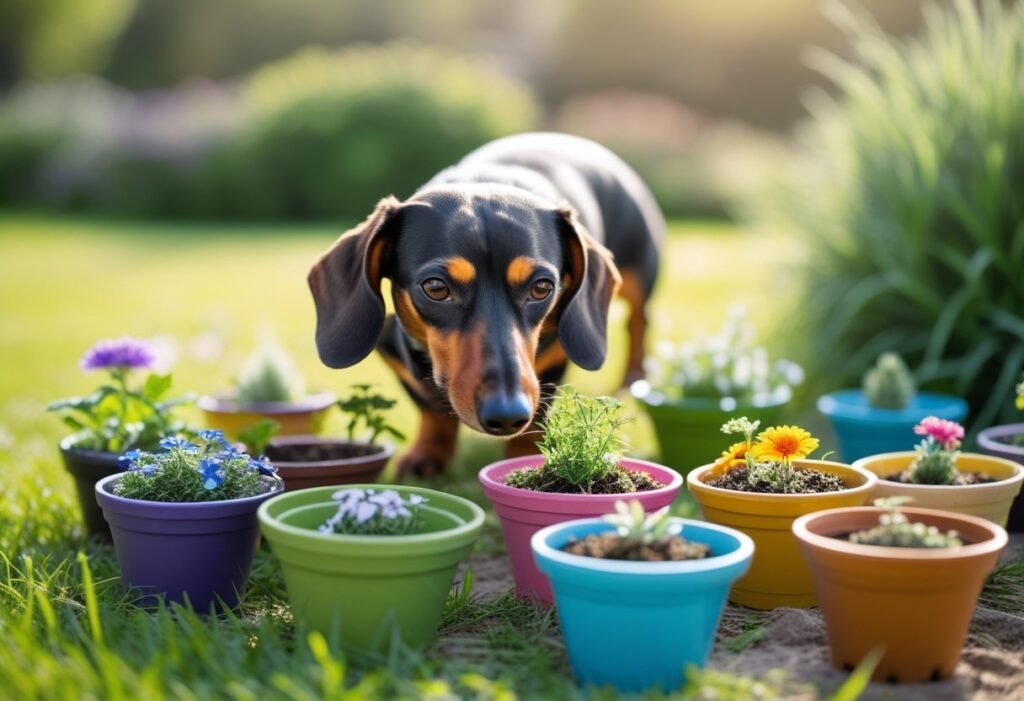 Dachshund searching around flower pots set up for scent training.