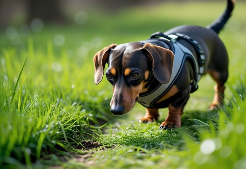 Dachshund on harness tracking a scent trail across grassy field.