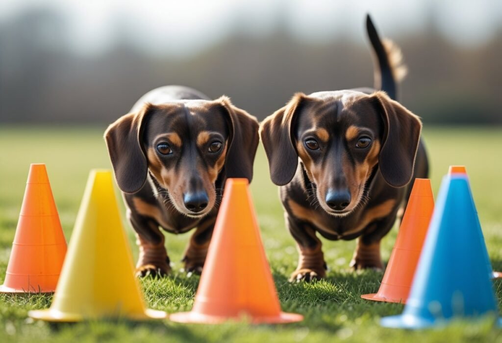 Two dachshunds practicing scent work together around training cones.