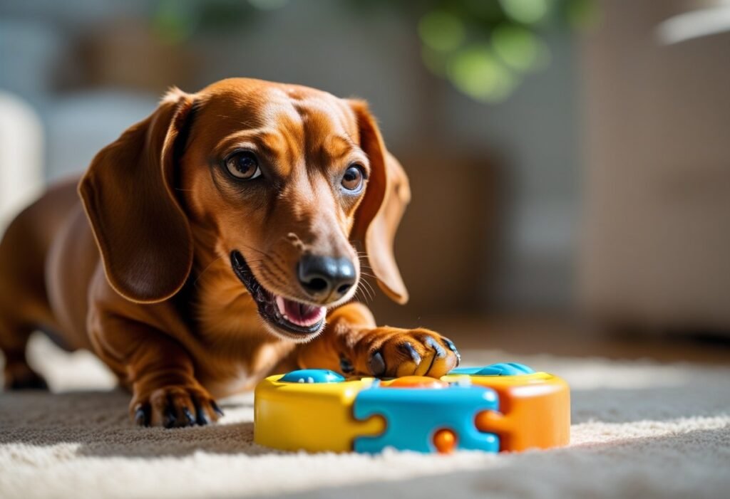 Dachshund pawing at puzzle toy designed for scent work fun.