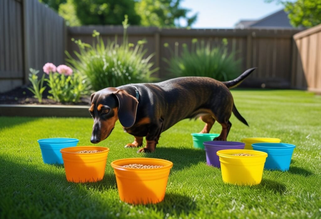 Dachshund in backyard exploring a DIY scent work station with buckets.