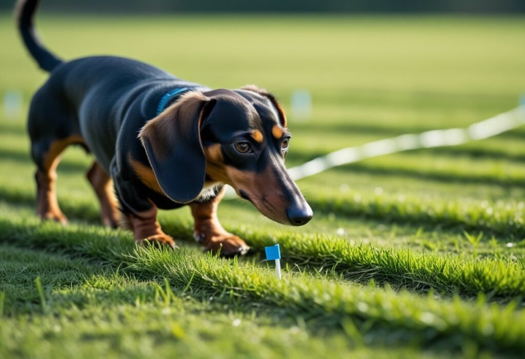 Dachshund following a scent track on training field for practice.