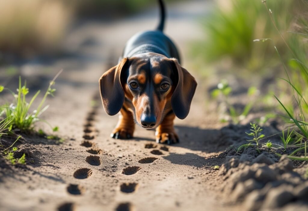 Dachshund sniffing paw prints on dirt path as part of scent trail.
