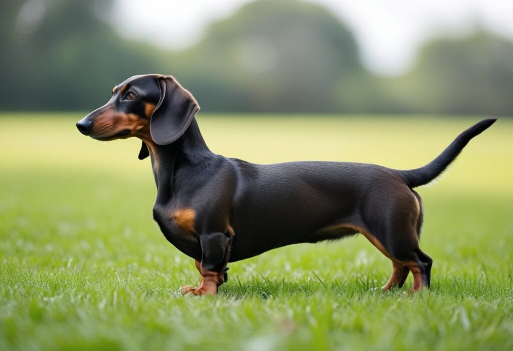 Standard smooth-haired Dachshund in profile on grass showing Dachshund breed standards.
