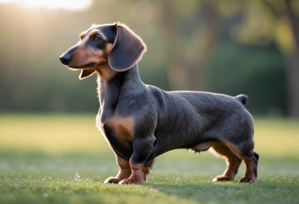 Wire-haired Dachshund stacked outdoors highlighting breed standard posture.