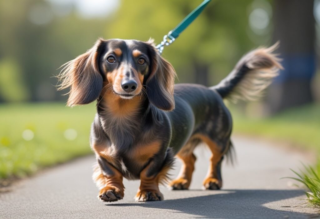 Long-haired Dachshund walking on leash with flowing coat.