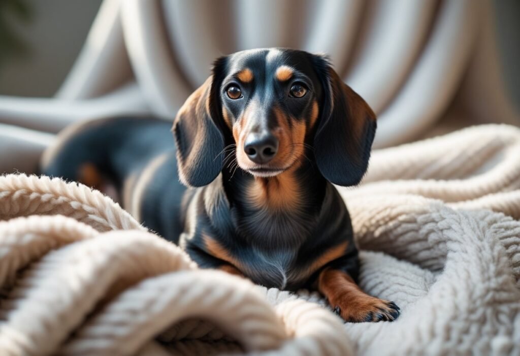 Long-haired Dachshund lying on blanket showing silky coat standard.