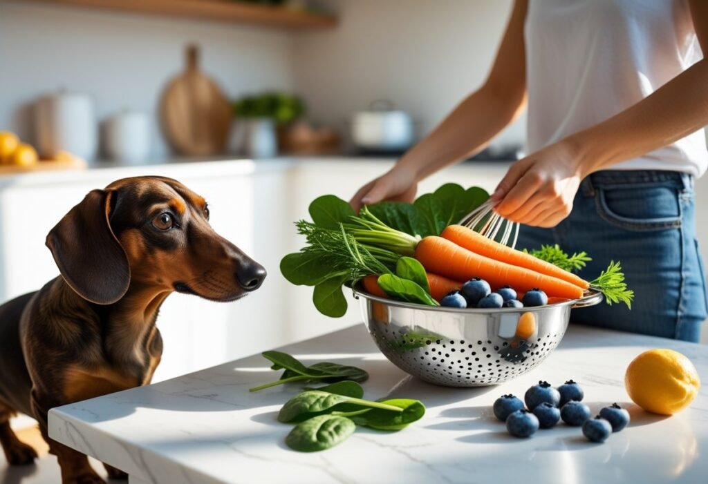 Raw Feeding for Dachshunds scene: owner rinsing carrots, spinach, and blueberries while a Dachshund watches in the kitchen.