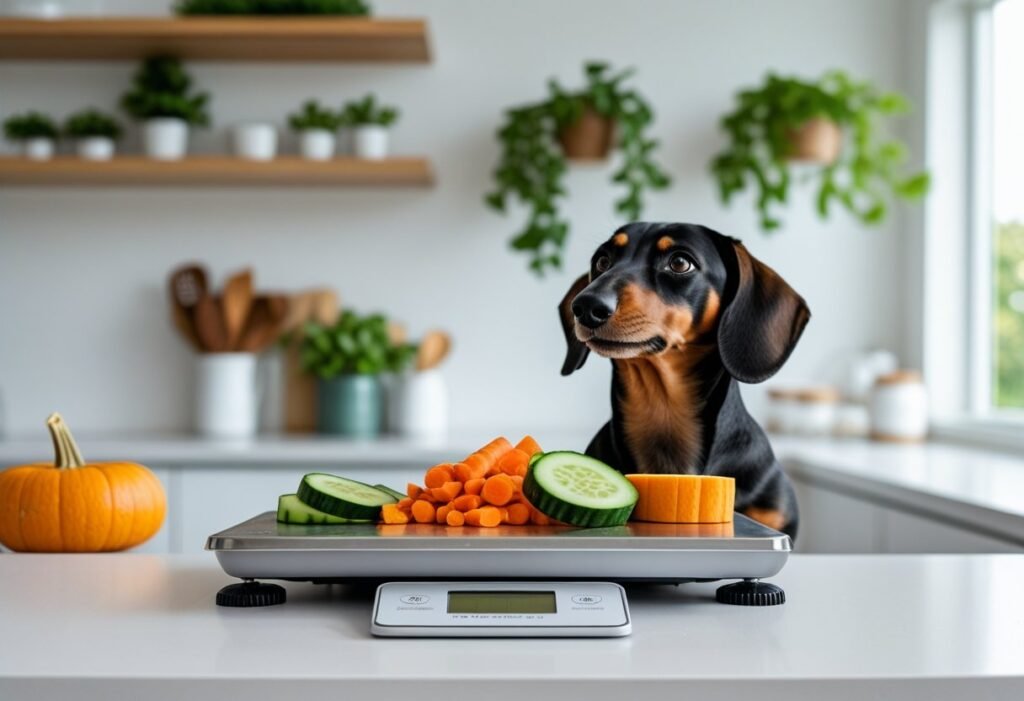 Owner weighing carrot, cucumber, and pumpkin portions on a kitchen scale as a Dachshund looks up.