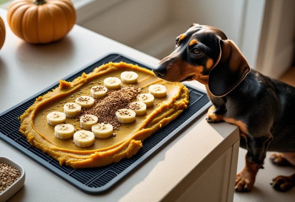 Lick mat spread with mashed pumpkin and banana, sprinkled with ground flax; Dachshund seated nearby.