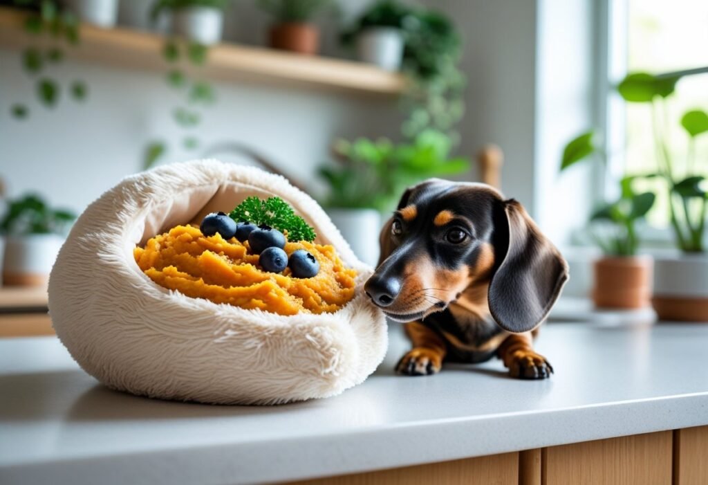 Stuffable toy filled with mashed sweet potato and blueberries; Dachshund sniffing on a clean mat.