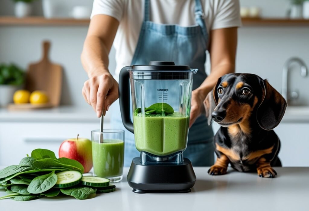 Owner blending spinach, cucumber, apple, and water for a dog-safe green smoothie; Dachshund watching.
