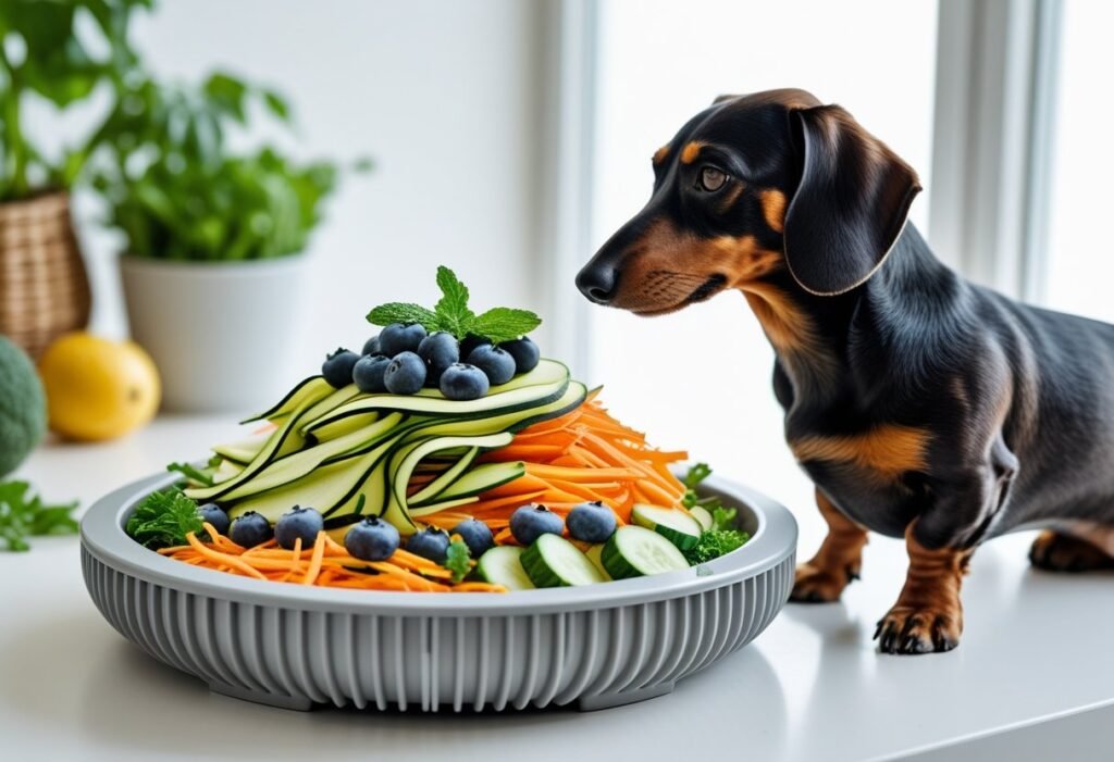 Slow-feeder bowl layered with zucchini ribbons, carrot shreds, cucumber cubes, and a few blueberries.