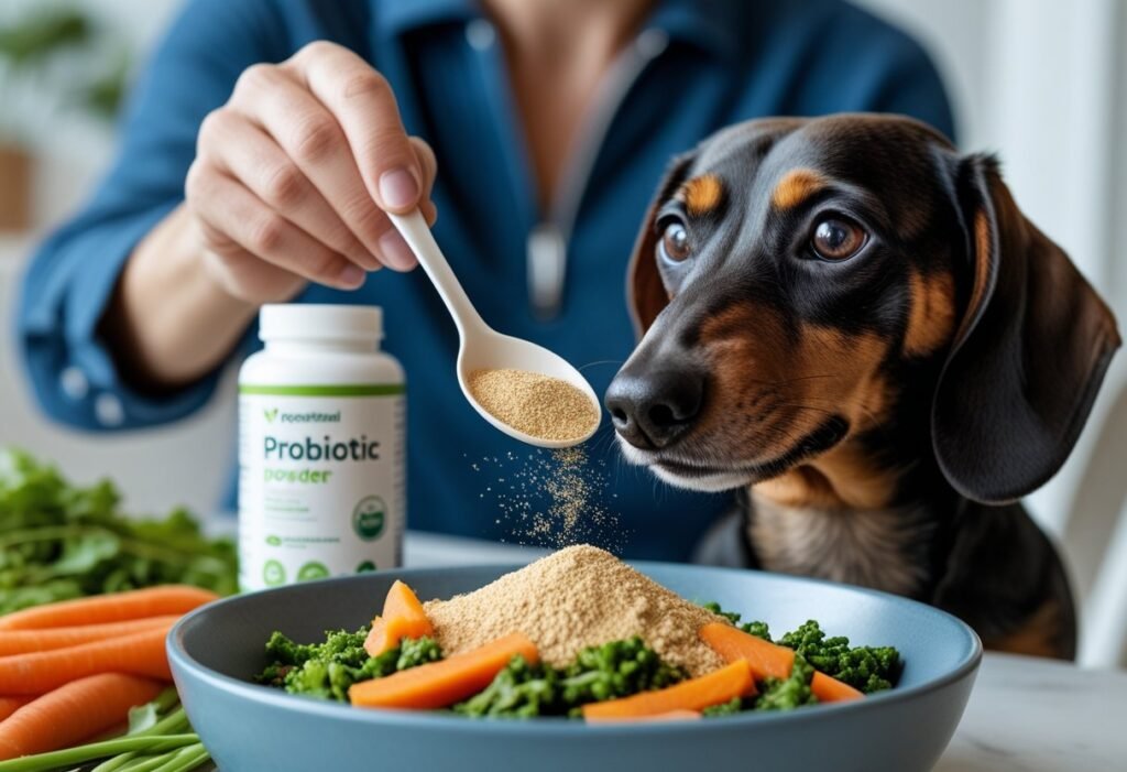 Owner dusting a plant-safe probiotic from a spoon over a raw veggie mix; neutral bottle, no labels.
