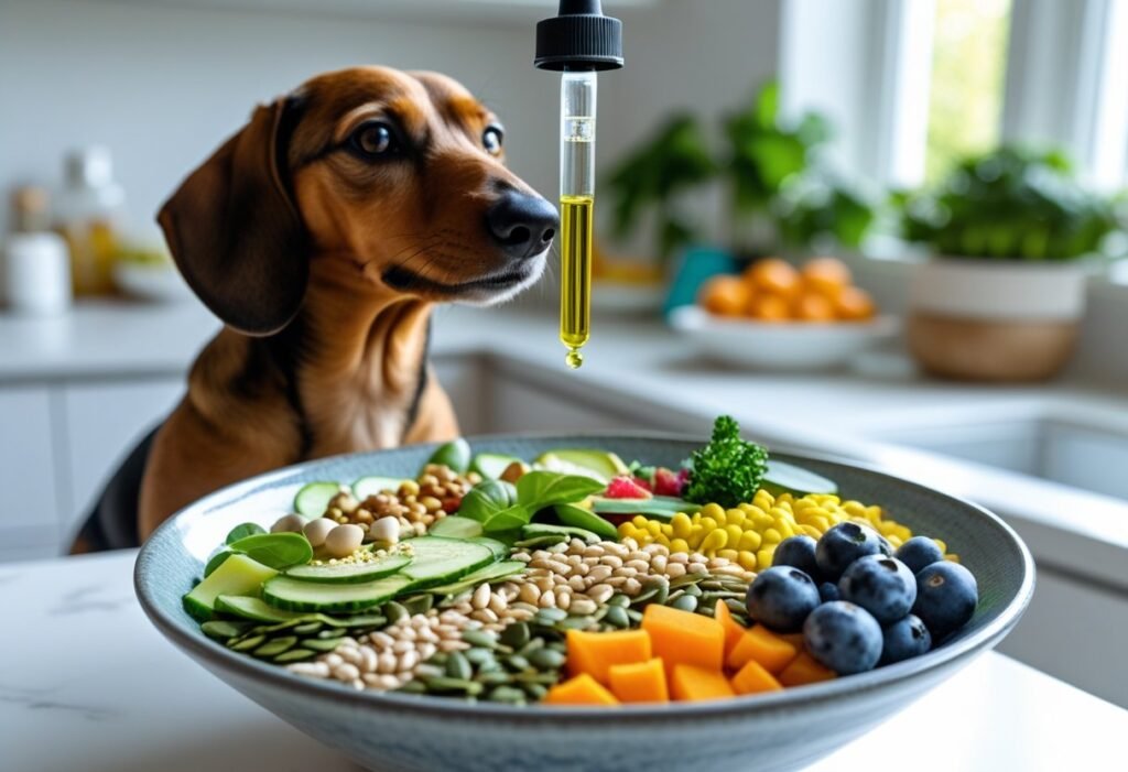 Drizzling algal omega-3 oil onto a plant-based raw bowl—Raw Feeding for Dachshunds at home.