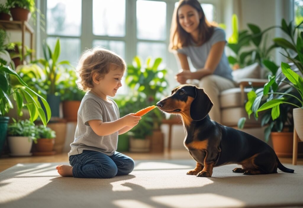 Child offering a small carrot stick to a seated Dachshund with a parent supervising.