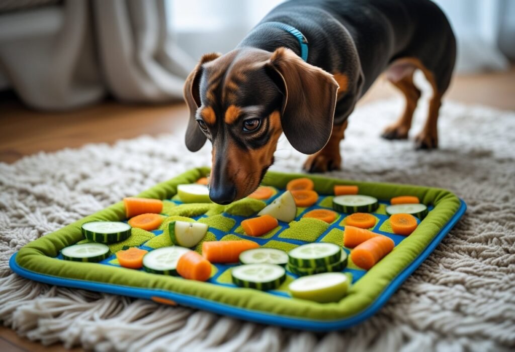 Snuffle mat scattered with tiny raw veggie pieces as a Dachshund searches calmly.