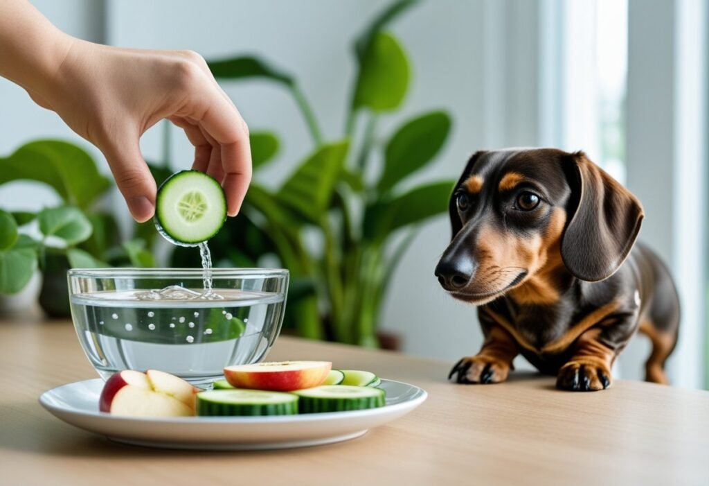 Fresh water bowl set beside cucumber rounds and apple cubes; Dachshund nearby.