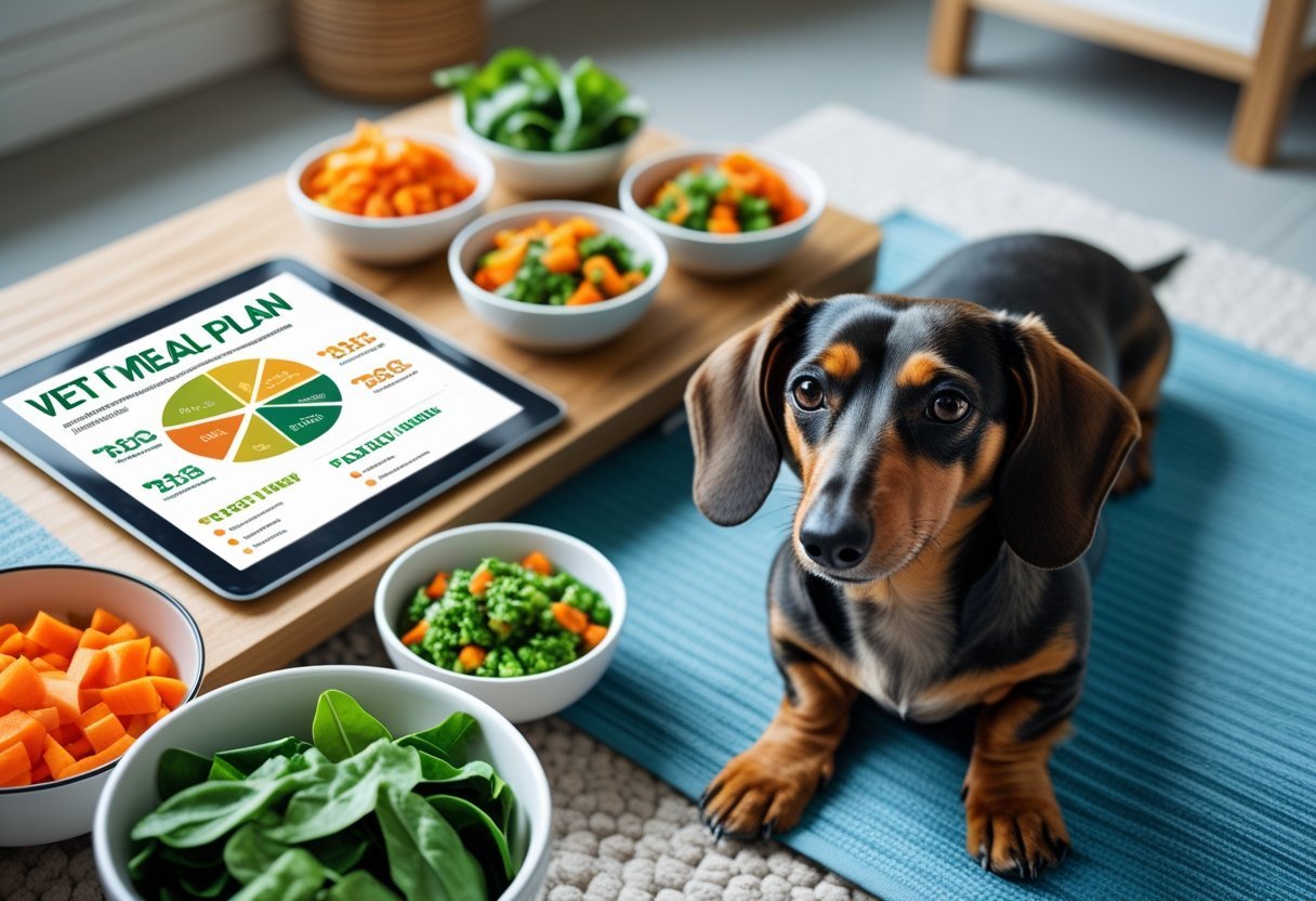 Raw Feeding for Dachshunds: tablet showing a generic meal plan graphic beside bowls of chopped veggies; Dachshund on a mat.