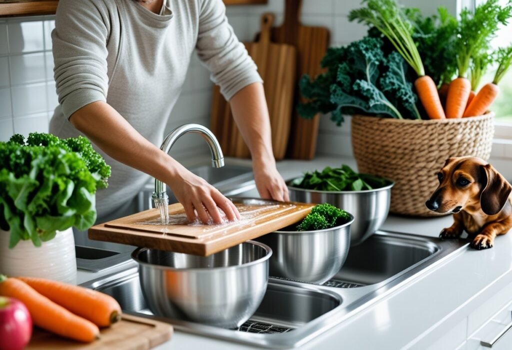 Owner washing cutting boards and stainless bowls near a produce basket of carrots, kale, and apples.