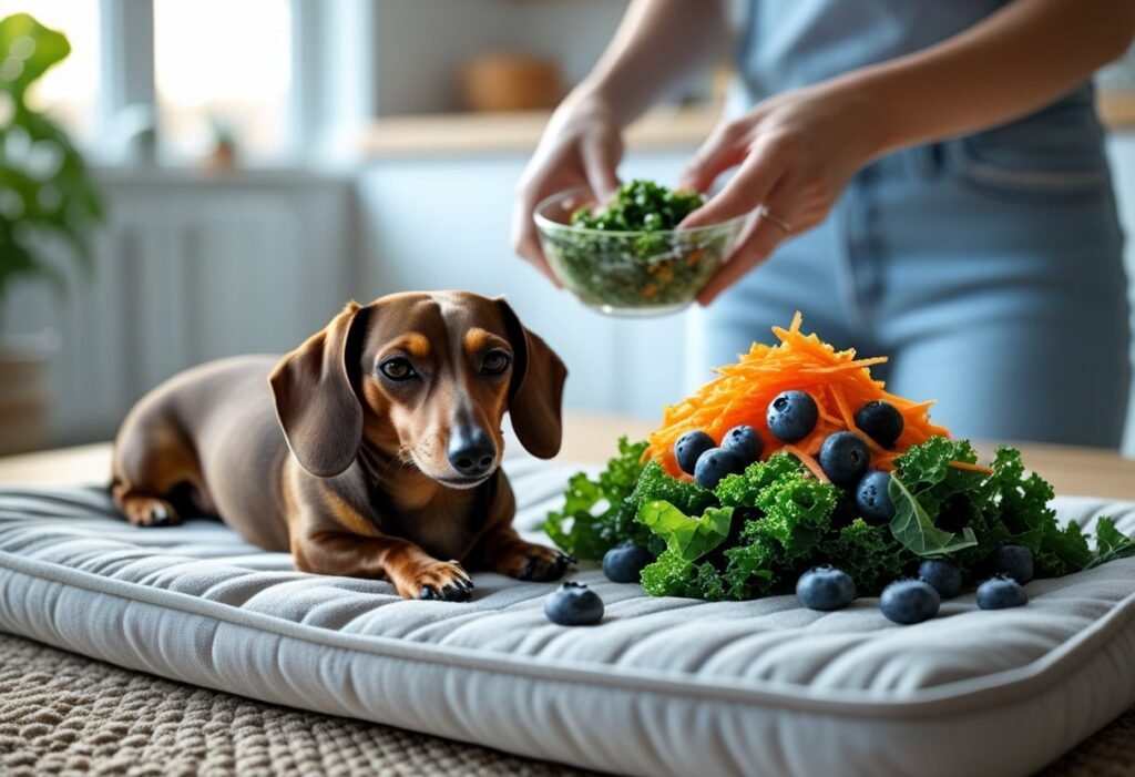 Dachshund resting on a mat while a plant-based raw topper is prepared a few feet away.