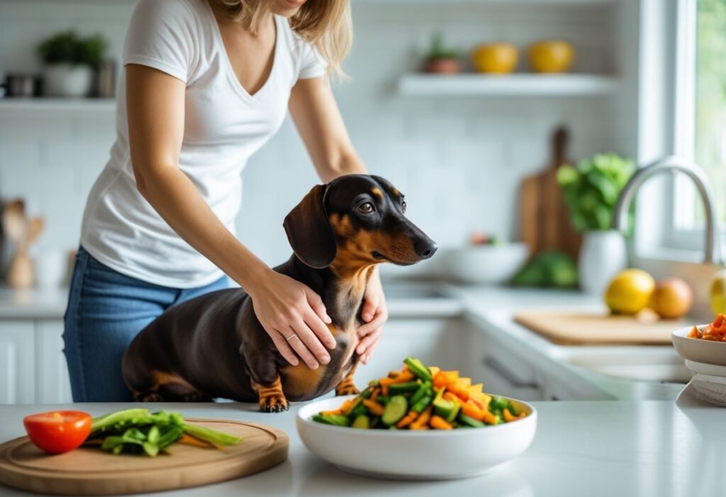 Owner checking body condition by running hands along the Dachshund’s ribs; veggie bowl on counter.
