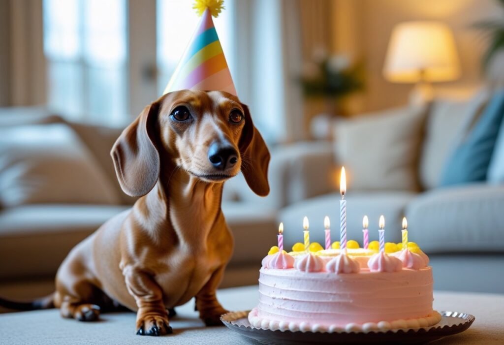 Dachshund birthday ideas: smooth-haired Doxie in party hat by dog-safe cake with one candle, cozy living room.