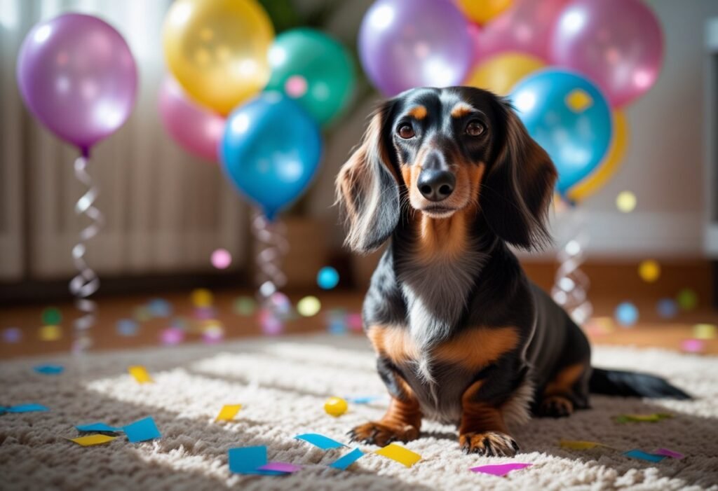 Dachshund birthday ideas: long-haired Doxie among helium balloons and confetti on a rug, soft daylight.