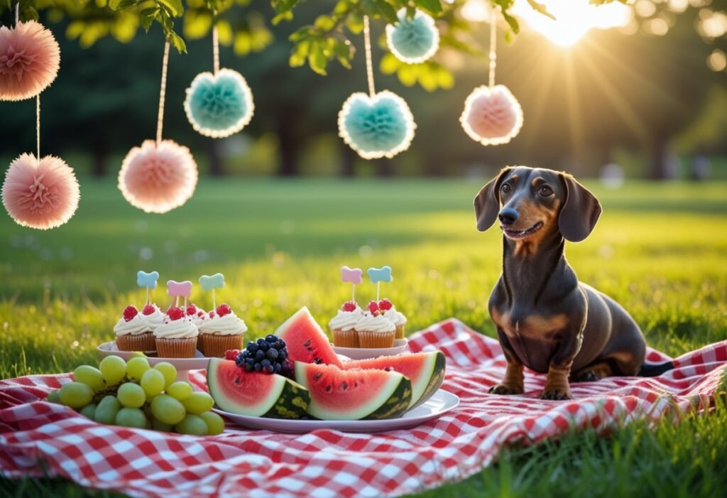 Dachshund birthday ideas: park picnic with Doxie, gingham blanket, pupcakes, fruit, and paper pompoms at golden hour.