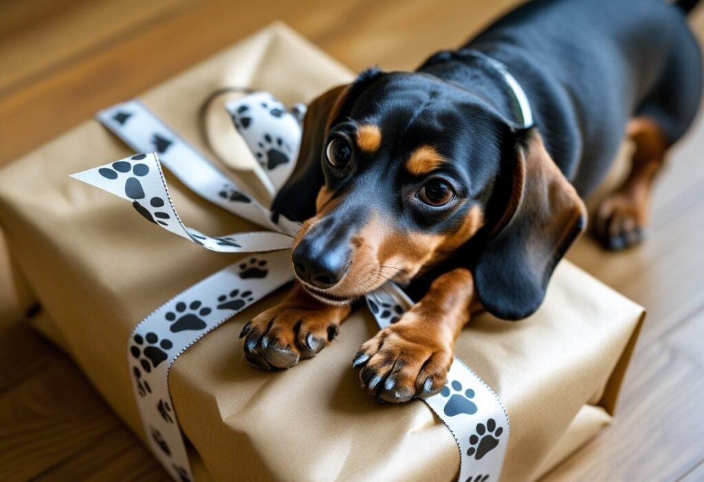 Dachshund unwrapping a kraft-paper gift with paw-print ribbon on a wooden floor.