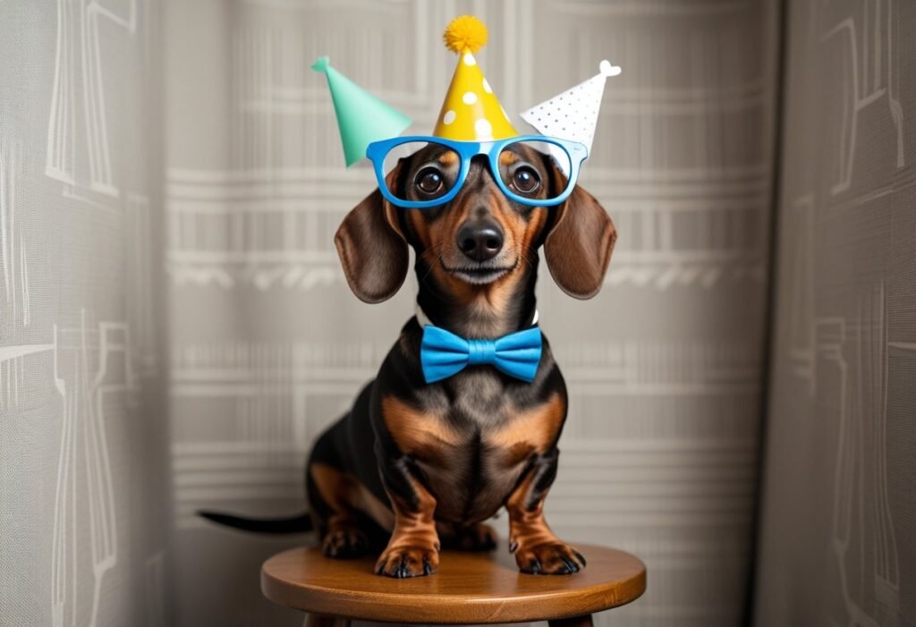 Photo-booth corner: Dachshund on a stool with party props and a neutral patterned backdrop.