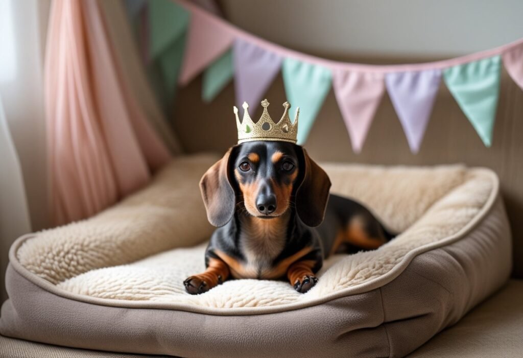 Dachshund wearing a small crown lounging on an orthopedic dog bed with pastel bunting behind.