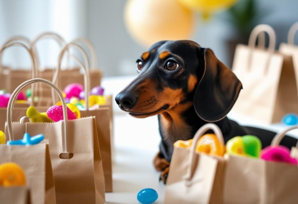 Dachshund watching kraft goody bags filled with treats and toys arranged on a table.
