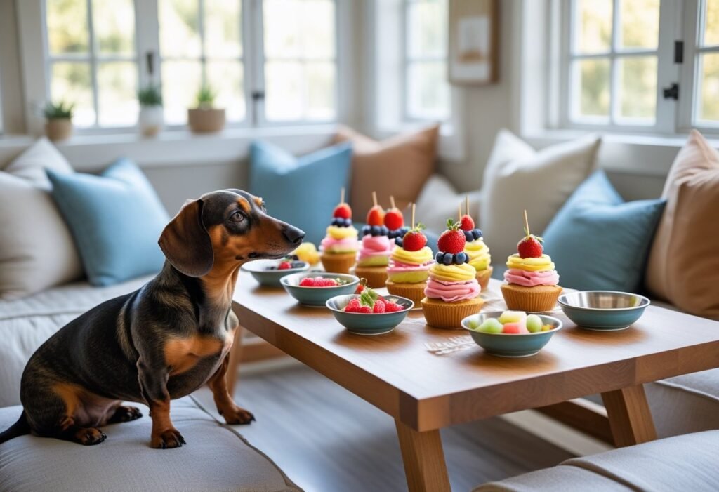 Pup brunch spread: Dachshund near a low table with pupcakes, fruit kabobs, and water bowls.