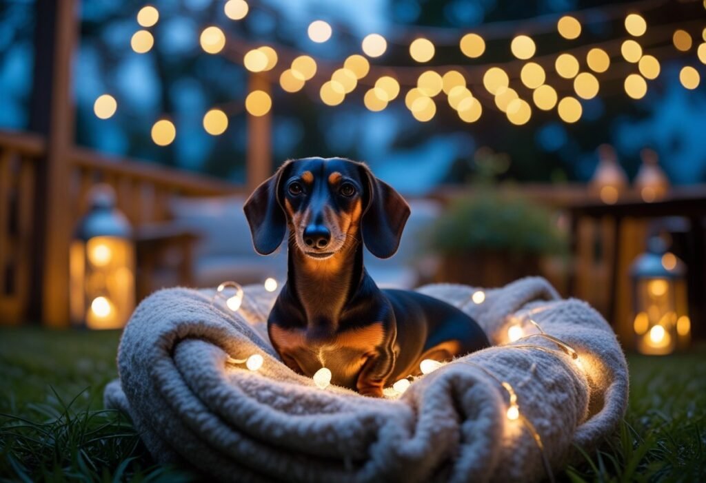 Evening backyard party: Dachshund under warm string lights with lanterns and a blanket nest.