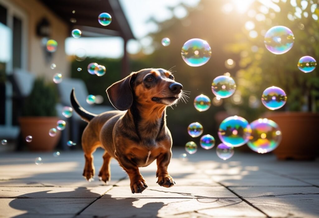 Bubble fun: Dachshund chasing floating bubbles from a bubble machine on a sunlit patio.