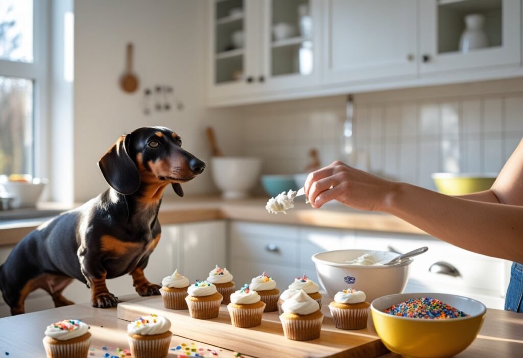 Dachshund watching owner frost dog-safe cupcakes in a bright kitchen with bowls and sprinkles.