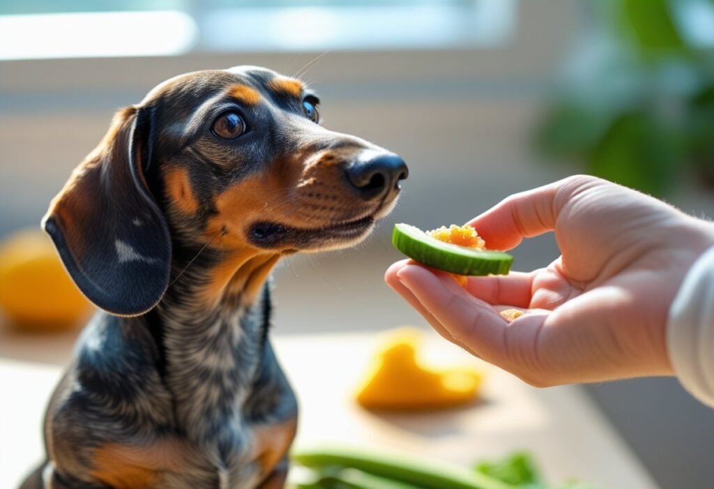 Dachshund being hand-fed healthy food during picky eating phase.