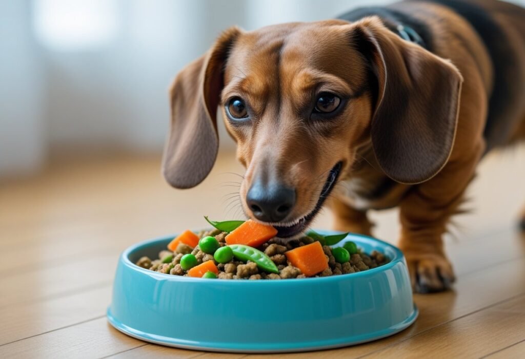 Happy picky eater Dachshund enjoying fresh homemade dog food.