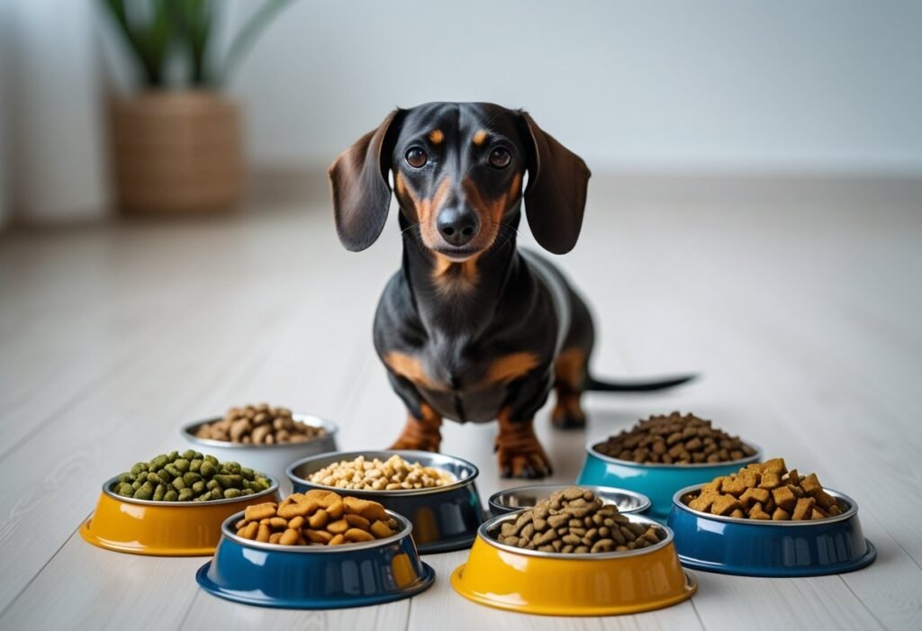Curious picky eater Dachshund staring at multiple food bowls.