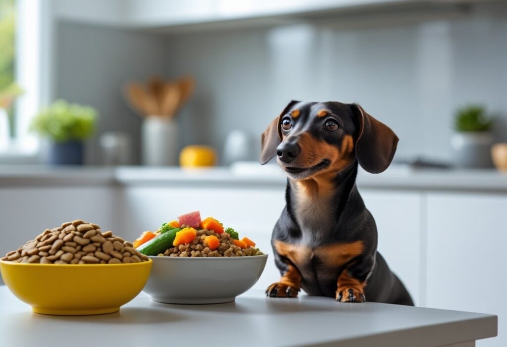 Picky eater Dachshund ignoring kibble but eyeing fresh food.