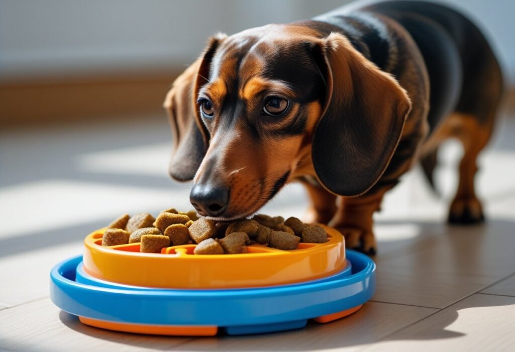 Dachshund exploring puzzle feeder designed for picky eaters.