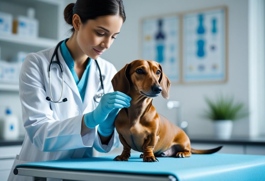 Vet checking Dachshund skin for signs of food allergies