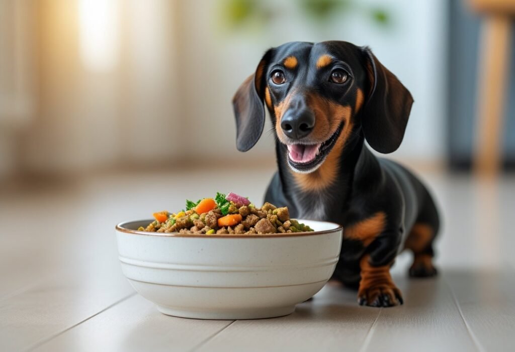 Happy Dachshund eating homemade hypoallergenic dog food