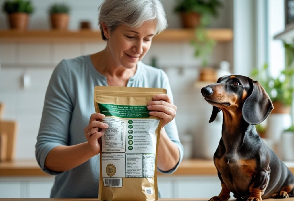 Owner reading dog food labels to avoid Dachshund allergies